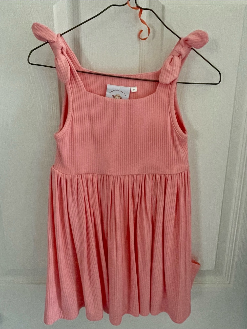 Girls' Pink Ribbed Tie-Shoulder Dress
